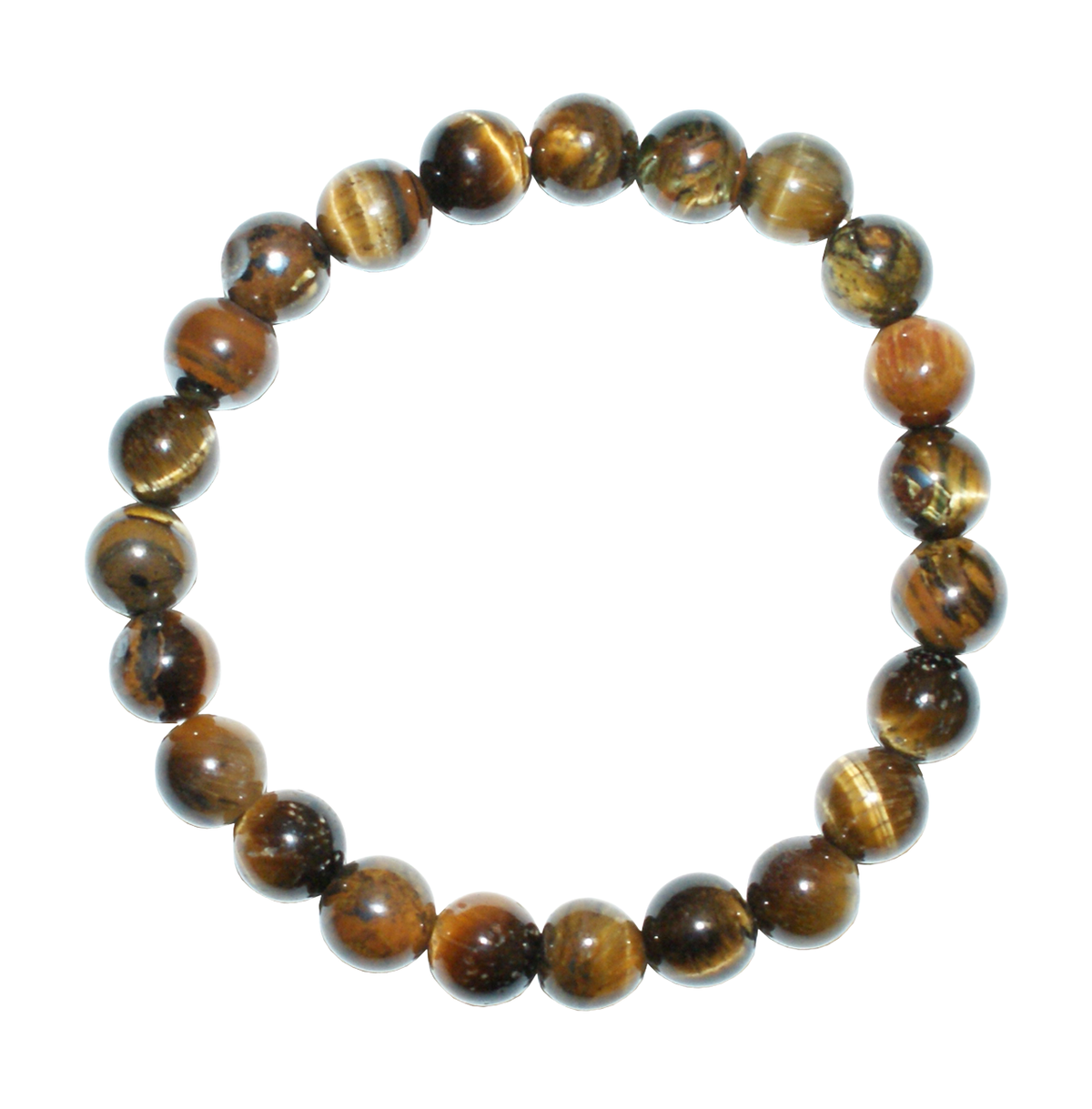 Tiger eye 8 mm bracelet: original photographed beads on pure white; natural bead patterns preserved.