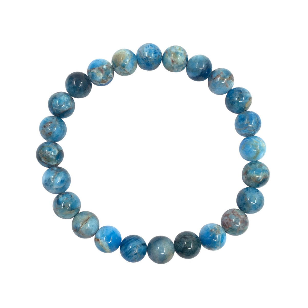 Apatite bracelet with round 8 mm beads in naturally mottled blue, gray and tan tones on a white background.
