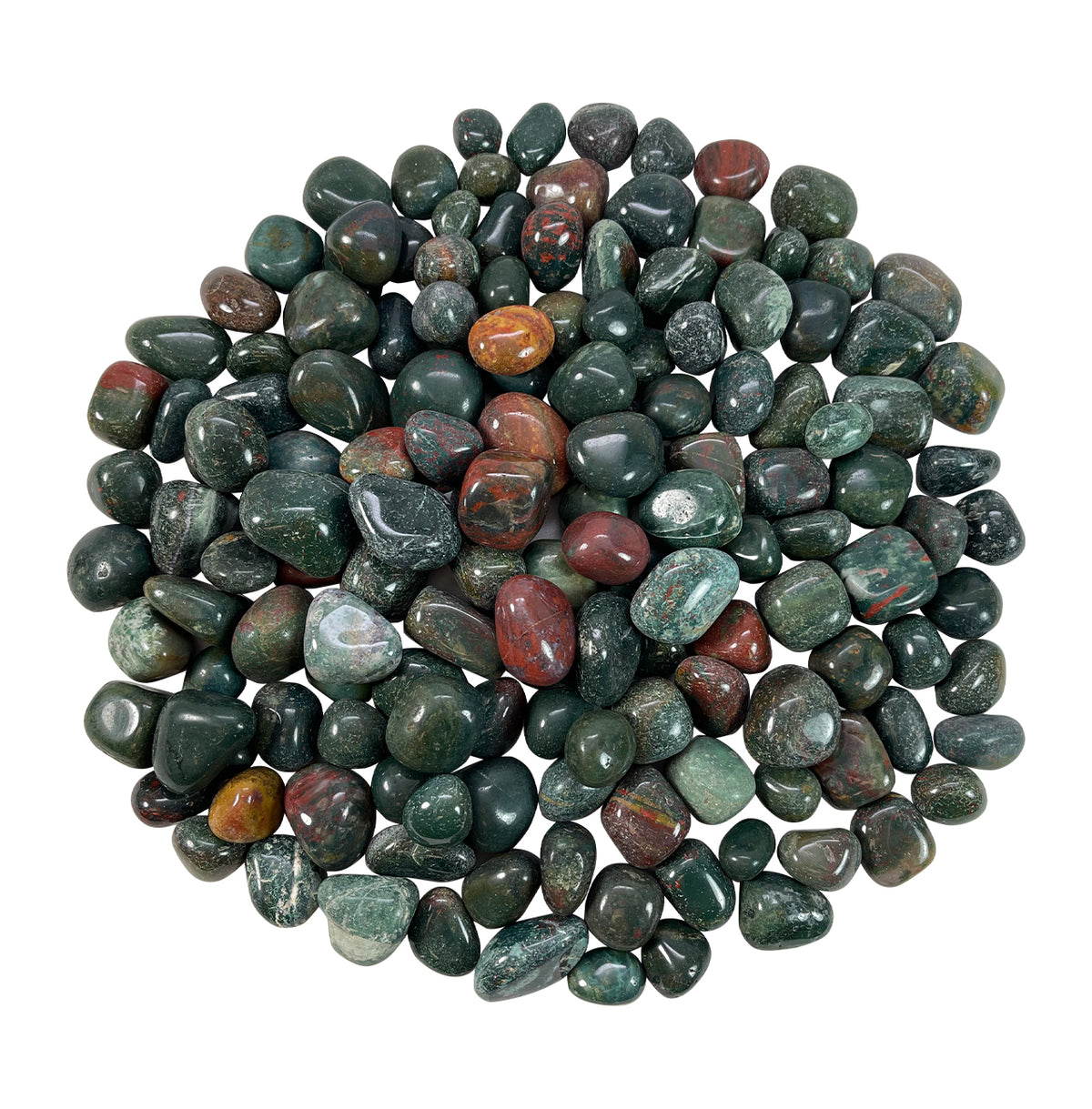 Bloodstone tumbled stones with green, red and gray markings on a white background.