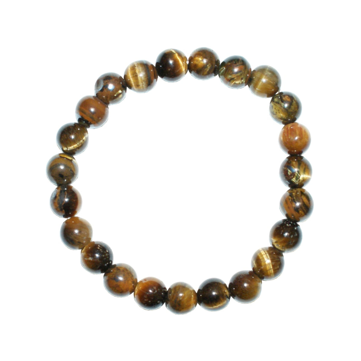 Tiger eye bracelet with round 8 mm beads, showing natural golden-brown bands and darker patches on a white background.