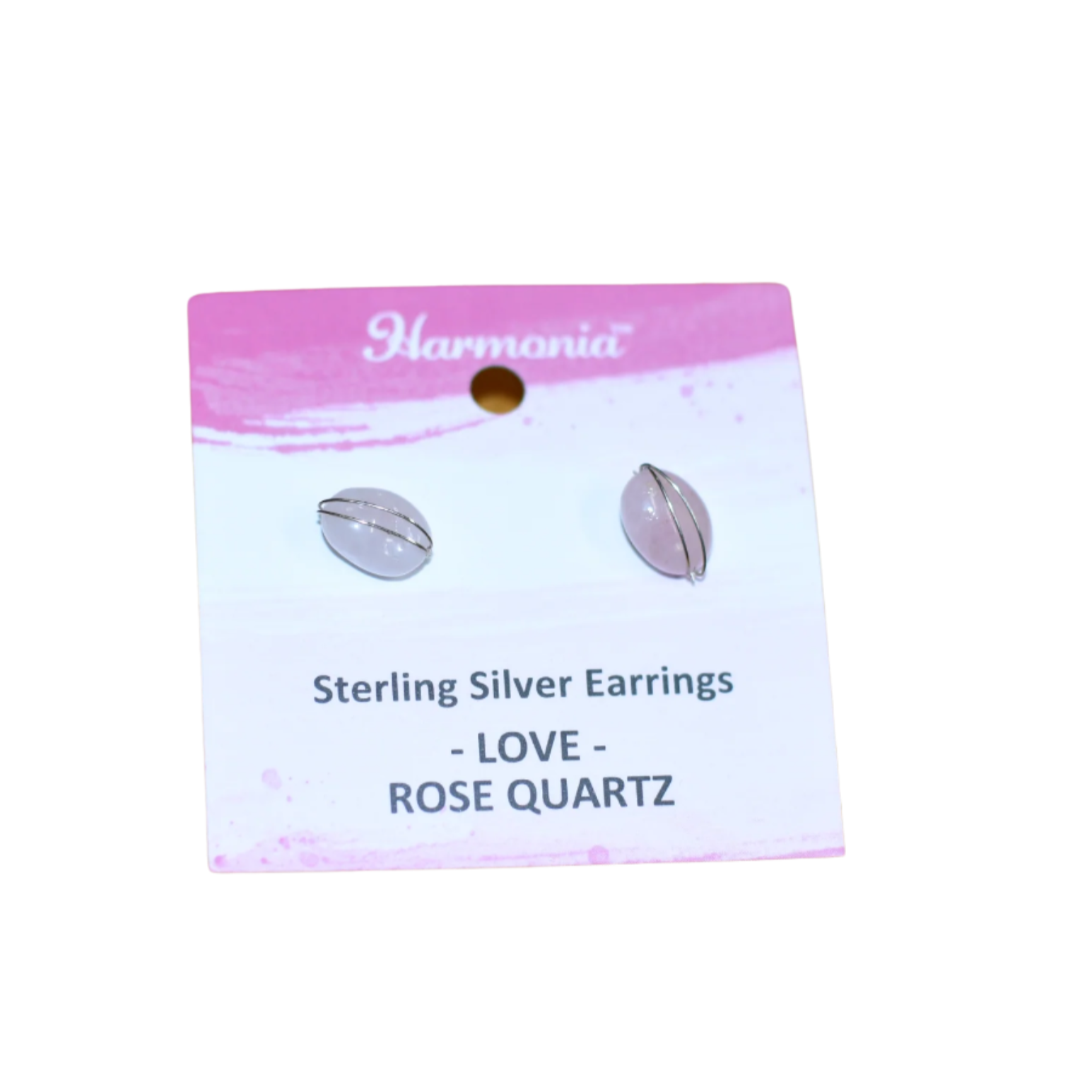 Harmonia sterling silver earrings with rose quartz on a white background