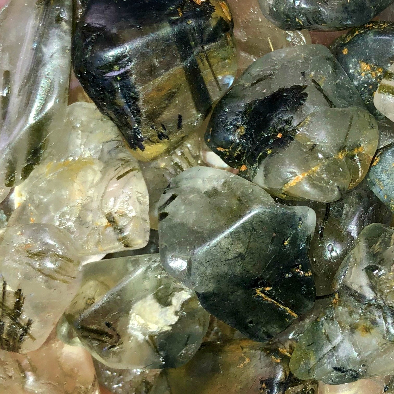 Green Tourmaline In Quartz Tumbled Stone