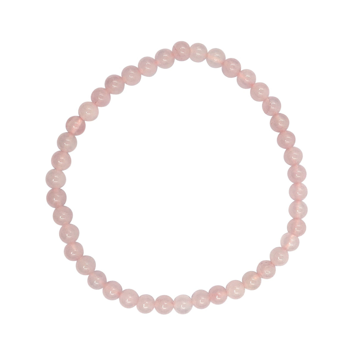 Rose quartz bracelet with smooth round pale-pink 4 mm beads on a white background.